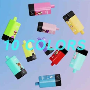 A colorful arrangement of ten vape devices in various colors including green, pink, yellow, blue, and red, adorned with playful cartoon character designs, set against a gradient blue background.
