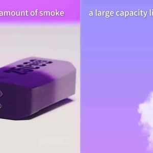Purple vape device with adjustable smoke amount, USB-C port visible; text overlay mentions large capacity liquid 30.0 ml.