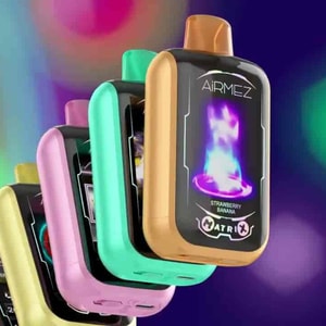 Colorful stacked smartwatches with rounded screens and neon-lit displays, arranged in a diagonal row against a vibrant blurred background.