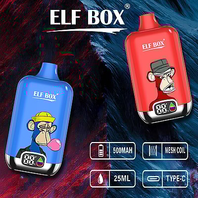 A blue and a red vape device are displayed against a colorful abstract background. The blue device features a cartoon monkey with a yellow hat and a bubblegum bubble, while the red device shows a different monkey wearing a fedora. Both devices have the "ELF BOX" logo and specifications including battery size, mesh coil, liquid capacity, and USB Type-C charging.