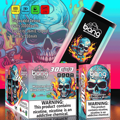 Vape With A Bang disposable vape packaging and device featuring a blue flaming skull graphic and flavor labeled as Watermelon Blueberry Mint, displayed with a prominent nicotine warning label.