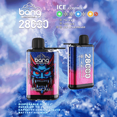 Two colorful disposable vape devices labeled 'bang' with a fierce blue demon face and 'Mixed Fruit' flavor, displayed against an icy blue background, with emphasis on customizable ice control, 28,000 puffs, and product specifications.