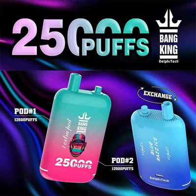 An advertisement for Bang King vapes, showcasing two vape pods with a total of 250,000 puffs. The first pod features a colorful design and a playful depiction of a monkey, labeled as "POD#1" with "12500 PUFFS". The second pod is labeled "POD#2" and indicates "BLUE RAZZ ICE" with a similar puff count. The background has a gradient of purple and black with the brand's logo at the top.