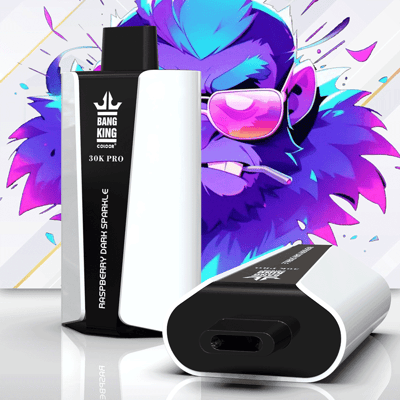 A stylish vape device labeled "BANG KING 30K PRO" in white and black, with the flavor "Raspberry Dark Sparkle" displayed on the side, positioned against a vibrant, cartoonish background featuring a colorful gorilla character wearing sunglasses.
