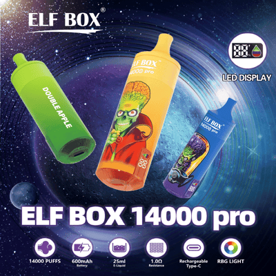 Three colorful vape devices are displayed against a cosmic background. The left device is a green "Double Apple" vape, the center device is orange featuring an alien design, and the right device is blue. Below the devices, details highlight the product name "ELF BOX 14000 pro," features like "14000 PUFFS," "600mAh Battery," "25ml E-Liquid," "1.0Ω Resistance," "Rechargeable Type-C," and "RBG LIGHT." An LED display icon is also present.