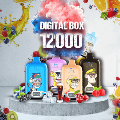 Colorful digital box vape devices with cartoon monkey designs, labeled "Digital Box 12000," surrounded by fruit and beverage imagery.