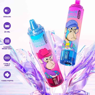 Two colorful disposable vape devices with cartoon ape designs, labeled "RandM Tornado 15000," featuring specifications including 850mAh battery, 25ml capacity, 0.90ohm mesh coil, Type-C charging port, and 15000 puffs.