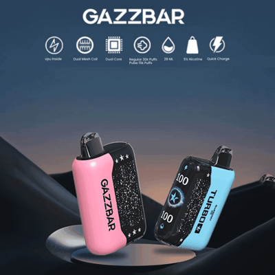 Two colorful Gazzbar vaping devices with sleek designs, one pink and one blue, featuring dual-core technology and various functional icons above them.