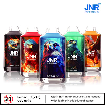 A lineup of five colorful vape devices with hawk illustrations and flavors labeled: Sakura Grape, Cherry Lemon, Blue Razz Ice, Mango Passion Fruit, and Watermelon Mango Peach, with a warning label stating "For adult (21+) use only" and nicotine addiction caution.