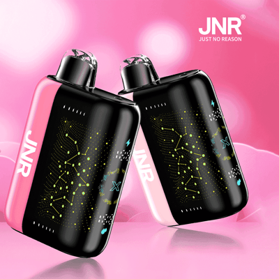 Two black and pink bottles with "JNR" branding and a futuristic yellow design, displayed against a pink background.