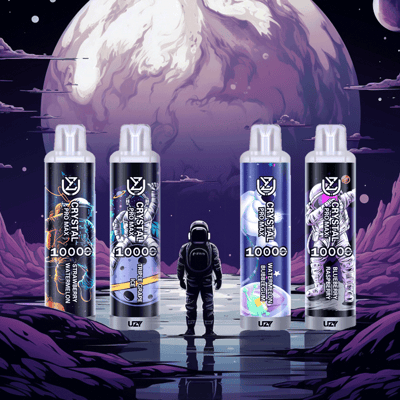 A person in a spacesuit stands on a rocky surface, looking at four vape products labeled "CRYSTAL PRO MAX 10000" in a colorful cosmic landscape featuring a large planet in the background.