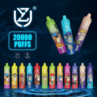 An array of colorful vape devices labeled "Tornado," featuring distinct cartoon character designs, along with the text "20000 PUFFS" and icons indicating a Type-C charging port and battery capacity. The background is dark with a swirling blue effect.