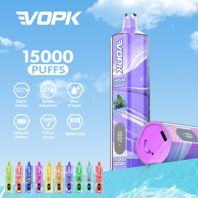 VOPK 15000 puffs disposable vape with grape mint flavor, featuring a digital display, adjustable airflow, 20ml e-liquid capacity, 600mAh battery, Type-C charging, and mesh coil, displayed with various colorful options against a blue sky background.