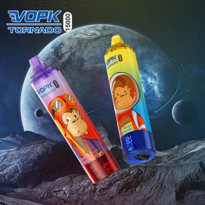 Two colorful disposable vape pens with monkey illustrations on a cosmic-themed background, labeled "VOPK Tornado 15000."
