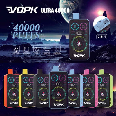 A vibrant display showcasing a range of colorful vaping devices labeled "VOPK ULTRA 40000," featuring a sci-fi background with planets and stars. The devices feature a digital screen, highlighted features such as "40000 PUFFS" and "2 IN 1," and various color options including red, yellow, green, blue, and black.