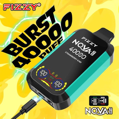 Fizzy branded advertising of the NOVA Plus disposable vape device in strawberry kiwi flavor, featuring a teal and black design, digital display, USB charging, and promoting 40,000 puffs with ECO and TUR modes against a yellow burst background.