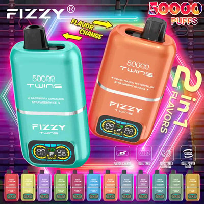 Two colorful FIZZY Twins disposable vape devices are displayed prominently, highlighting features like 50,000 puffs, flavor change function, dual tank system, and 2-in-1 flavors, with a lineup of various flavors shown at the bottom.