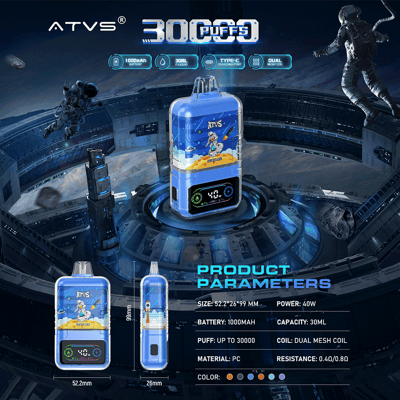 Futuristic advertisement for an ATVS branded vape device with space-themed artwork featuring astronauts, highlighting features such as 30,000 puffs, 1000mAh battery, 30ml e-liquid capacity, dual mesh coil, 40W power, and various color options, set against a sci-fi space station background.