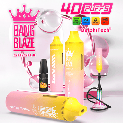 Advertisement for Bang Blaze Shisha vape device in mango peach flavor, highlighting 40000 puffs, rechargeable Type-C battery, a refill bottle, and a colorful hookah-style base, with pink and yellow gradient packaging and product features displayed.