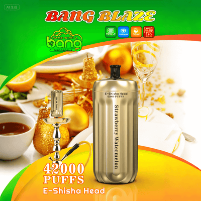 Promotional image for a Bang Blaze disposable e-shisha head in strawberry watermelon flavor, featuring a gold device, festive table setting with gold decorations and drinks, and text highlighting 42,000 puffs capacity.