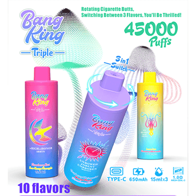 Advertisement for Bang King Triple vape devices featuring three colorful disposable vape pens, promoting 45,000 puffs, three switchable flavors per device, and showing specifications like 650mAh battery, 15ml x3 capacity, and Type-C charging.