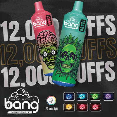 Two illustrated disposable vape devices with bold skull graphics and the text 'Vape With a Bang Disposable', '12,000 puffs', and 'LED color light', featuring several color options for the LED at the bottom.