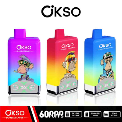 Three colorful OKSO disposable vape devices featuring cartoon monkeys in distinct outfits, with branding and specifications like 60,000 puffs, 2x25ml oil tank, 650mAh battery, and 50ml e-liquid displayed below.