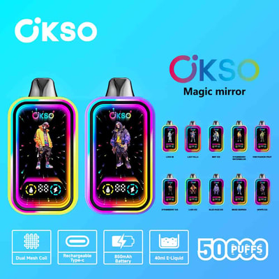 Okso Magic Mirror vape devices with colorful LED borders, digital screens displaying animated characters, and icons highlighting features such as dual mesh coil, rechargeable Type-C battery, 40ml e-liquid capacity, and 5000 puffs, along with a selection of ten different flavors.