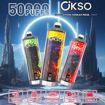 Three OKSO Shisha Hookah Mega disposable vape devices in bold, colorful designs are displayed with futuristic cityscape background, highlighting features such as 50,000 puffs, adjustable airflow, triple mesh coil, rechargeable battery, and 40ml e-liquid capacity.