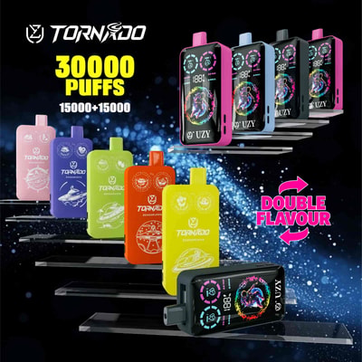 Assorted colorful TORNADO branded vape devices displaying 30,000 puffs and double flavour, with product graphics and bold promotional text on a dynamic dark background.