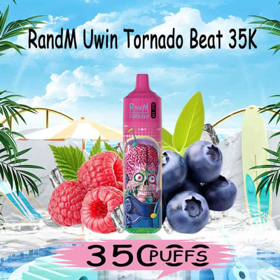 Colorful RandM Tornado vape device with raspberry and blueberry fruits, poolside setting, tropical plants, and '35,000 puffs' label.
