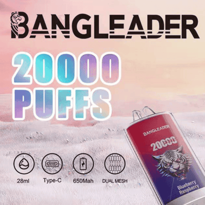 Promotional image for BANGLEADER vape featuring a product labeled '20000 puffs,' showing a tiger graphic, blueberry raspberry flavor, and icons indicating 28ml capacity, Type-C charging, 650mAh battery, and dual mesh coils.
