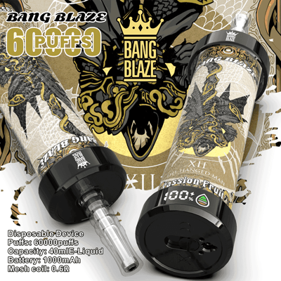 Two Bang Blaze disposable vape devices featuring ornate golden artwork and Medusa imagery, highlighted with product specifications and branding text.