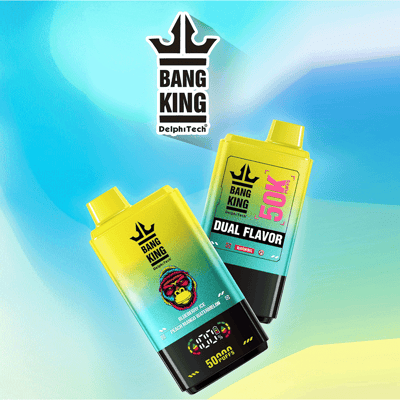 Two Bang King DelphiTech vape devices, each with a yellow-to-blue gradient design and bold logos, displayed against a blue and yellow abstract background; one device is labeled 'Dual Flavor 50K' and 'Blueberry Ice Peach Mango Watermelon', highlighting 50,000 puffs.