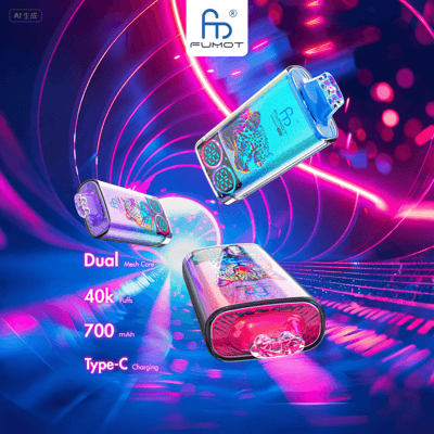 FUMOT branded colorful electronic vape devices with animal designs floating in a neon tunnel, highlighting features such as dual mesh core, 40,000 puffs, 700 mAh battery, and Type-C charging.