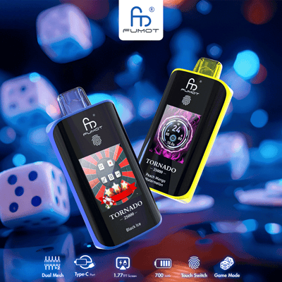 Two Fumot Tornado vape devices, one with a blue accent and the other yellow, are displayed against a blurred background with blue dice, highlighting features such as a large screen, dual mesh, touch switch, and game mode.