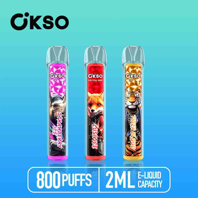 Three colorful OXSO branded disposable vape bars in front of a blue gradient background, featuring flavors Strawberry Ice, Lush Ice, and Tiger Blood, each decorated with animal imagery and labeled with 800 puffs and 2ml e-liquid capacity.