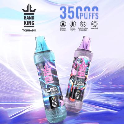 Two colorful Bang King Tornado disposable vapes, with labels indicating 3500 puffs and flavors 'Blue Razz Ice' and 'Love 66', displayed on a vibrant purple and blue abstract background with product features and branding.