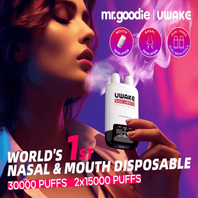 Hand holding a UWAKE nasal and mouth disposable vaping device releasing vapor, with product branding, usage information and features highlighted on a vibrant purple background.