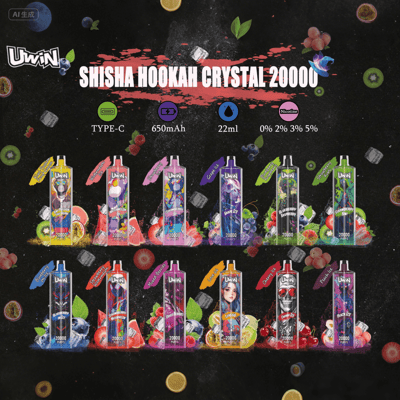 Assorted Uwin Shisha Hookah Crystal 20000 disposable vapes in various colorful flavors with fruit and ice imagery on a dark background, highlighting features such as Type-C charging, 650mAh battery, 22ml capacity, and multiple nicotine levels.
