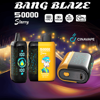 Promotional image for BANG BLAZE 50000 Starry vape by CINAVAPE, showcasing three views of the device with a pineapple coconut flavor label, digital display, and features like Type-C charging, 550mAh battery, dual mesh, and VPU inside.