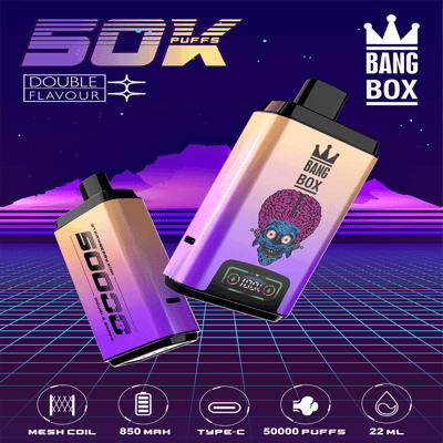 Colorful advertisement for BANG BOX vape, showing two vape devices with a cartoon brain character, featuring double flavor, 50,000 puffs, mesh coil, 850mAh battery, Type-C charging, and 22ml e-liquid capacity.
