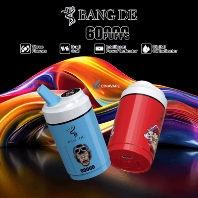 Two large disposable vape devices, one blue and one red, displayed against a colorful abstract background with product features like three flavors, dual coil, intelligent power indicator, and digital oil indicator highlighted above.