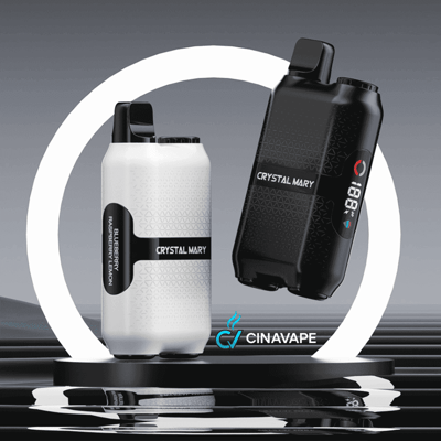 Two modern, rectangular vape devices labeled 'CRYSTAL MARY' in black and white colors, displayed on a circular stand with a lit white ring and the text 'CINAVAPE' below.