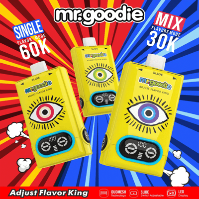 Advertisement for 'mr.goodie' vape devices showing three yellow cartridges with illustrated eyes, set against a vibrant red and blue comic-style background highlighting 'Single Flavor Mode 60K' and 'Mix Flavors Mode 30K'.
