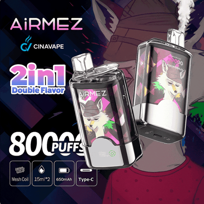 Promotional image for AiRMEZ vape devices showing two colorful, fox-themed pod kits labeled 2in1 Double Flavor, advertising 80000 puffs with icons for mesh coil, 15ml capacity per pod, 650mAh battery and Type-C charging.