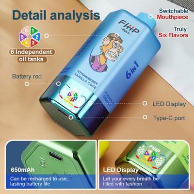 A colorful 6-in-1 vaping device showcasing its features, including six independent oil tanks highlighted with flavor names like Strawberry Vanilla Coke and Pineapple Coconut, a battery rod, LED display, and a Type-C charging port, emphasizing its rechargeable capability and fashionable design.