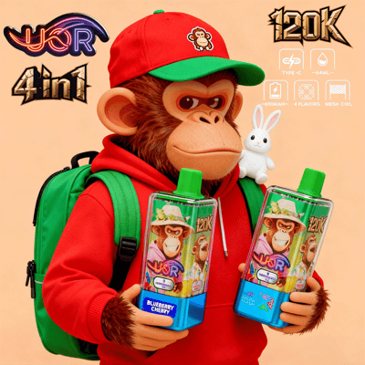 A character wearing a red cap and green hoodie holds two vape bottles labeled '120K' and 'Blueberry Cherry,' while standing against a peach background, with a green backpack on one shoulder and a small white rabbit figurine in the other hand.