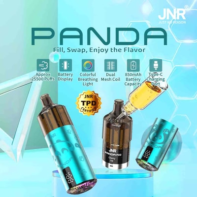 A colorful advertisement for the JNR Panda vape device showcasing its features, including approximate 25,000 puffs, a battery display, colorful breathing light, dual mesh coil, 850mAh battery capacity, and Type-C charging port, with a clear image of the product and its associated pod labeled 'Cherry Ice'.