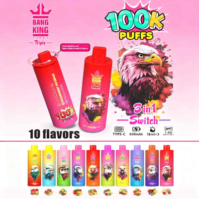 A colorful advertisement for Bang King vape with two prominent vape devices, showcasing their '100K Puffs' capacity and highlighting a colorful eagle illustration and the option to switch flavors, accompanied by visual representations of different flavors in various colored vape bottles below.